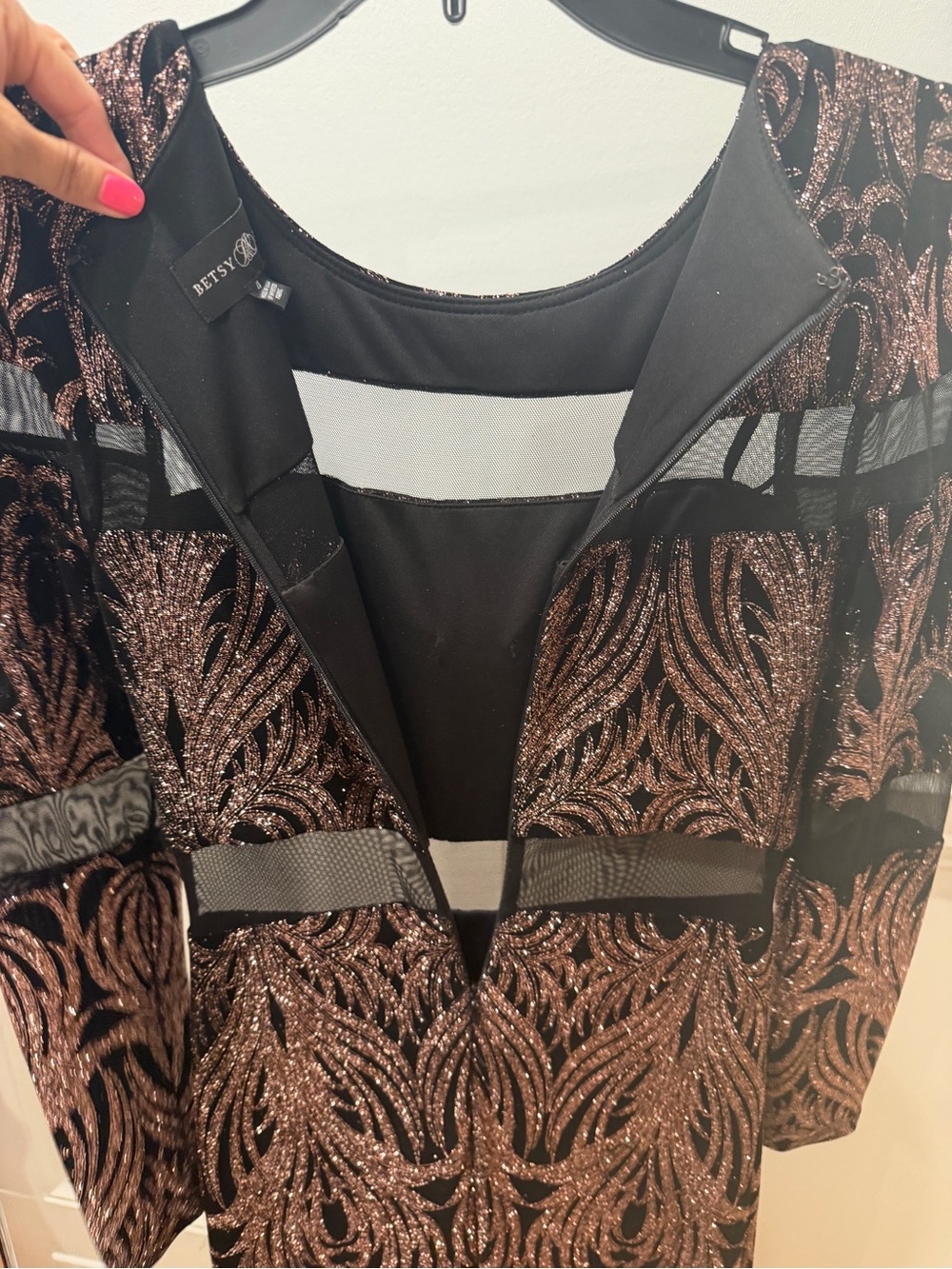 Betsy and Adam Long Sleeve Black and Rose Rose Gold Sparkle Evening Dress 4 - Picture 11 of 14